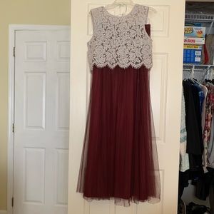 Gorgeous lace top and wine colored chiffon skirt.